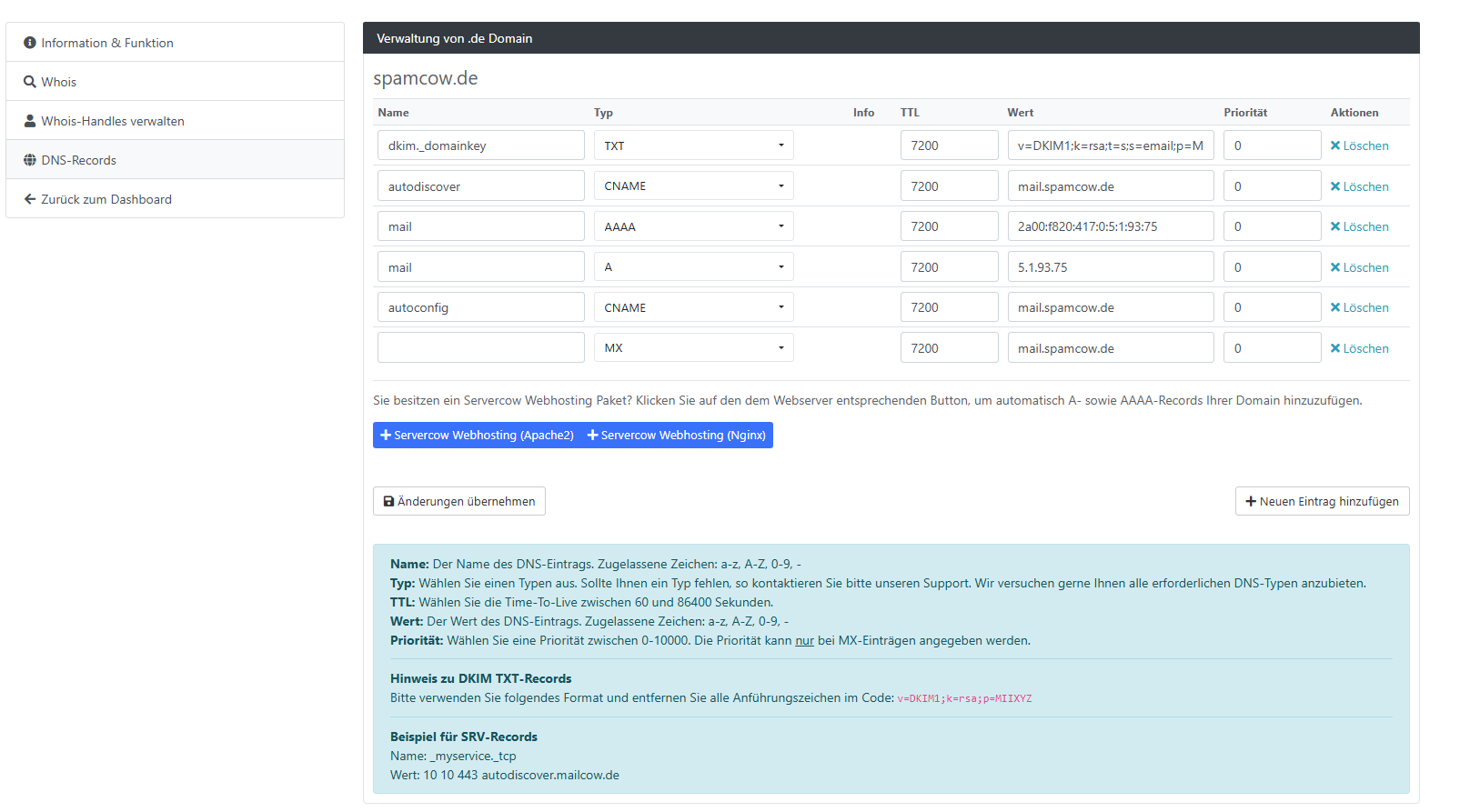 Beispielansicht des DNS-Editors im Kundenportal