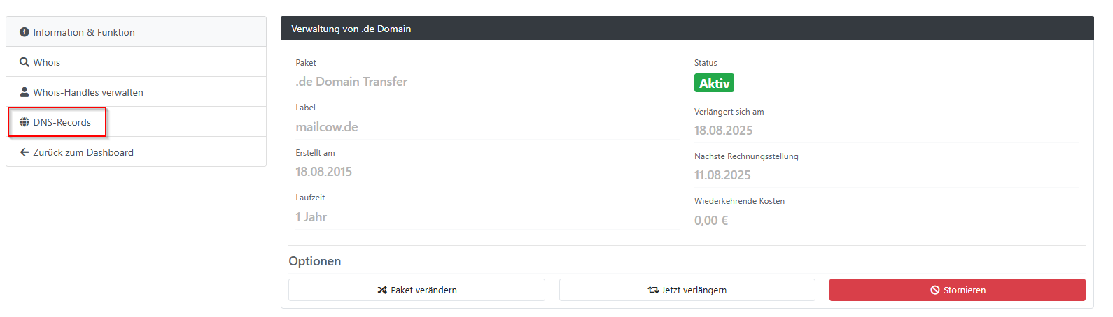 Ansicht der DNS-Verwaltung für die Domain