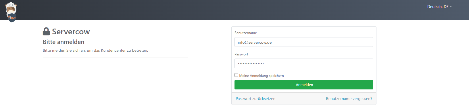 Login Seite cp.servercow.de mit Dummy Daten vorausgefüllt