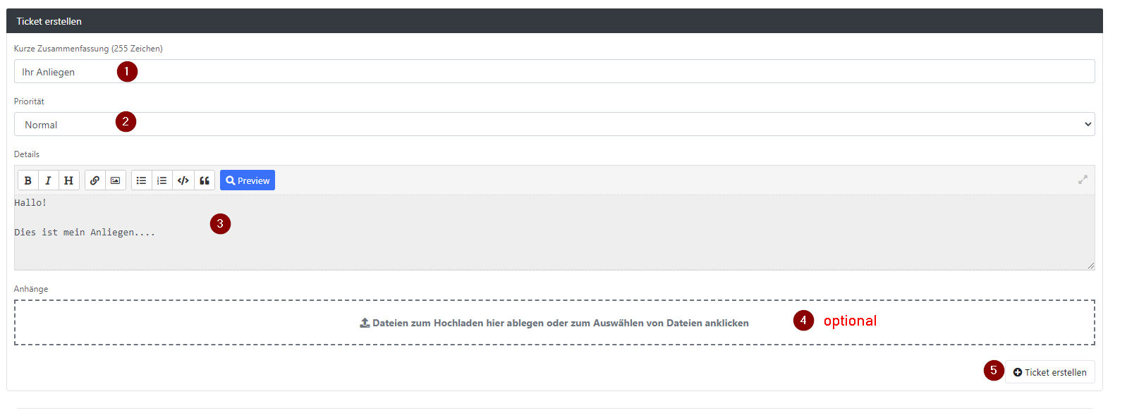 Servercow Kundenportal, Seite zur Ticket Komposition