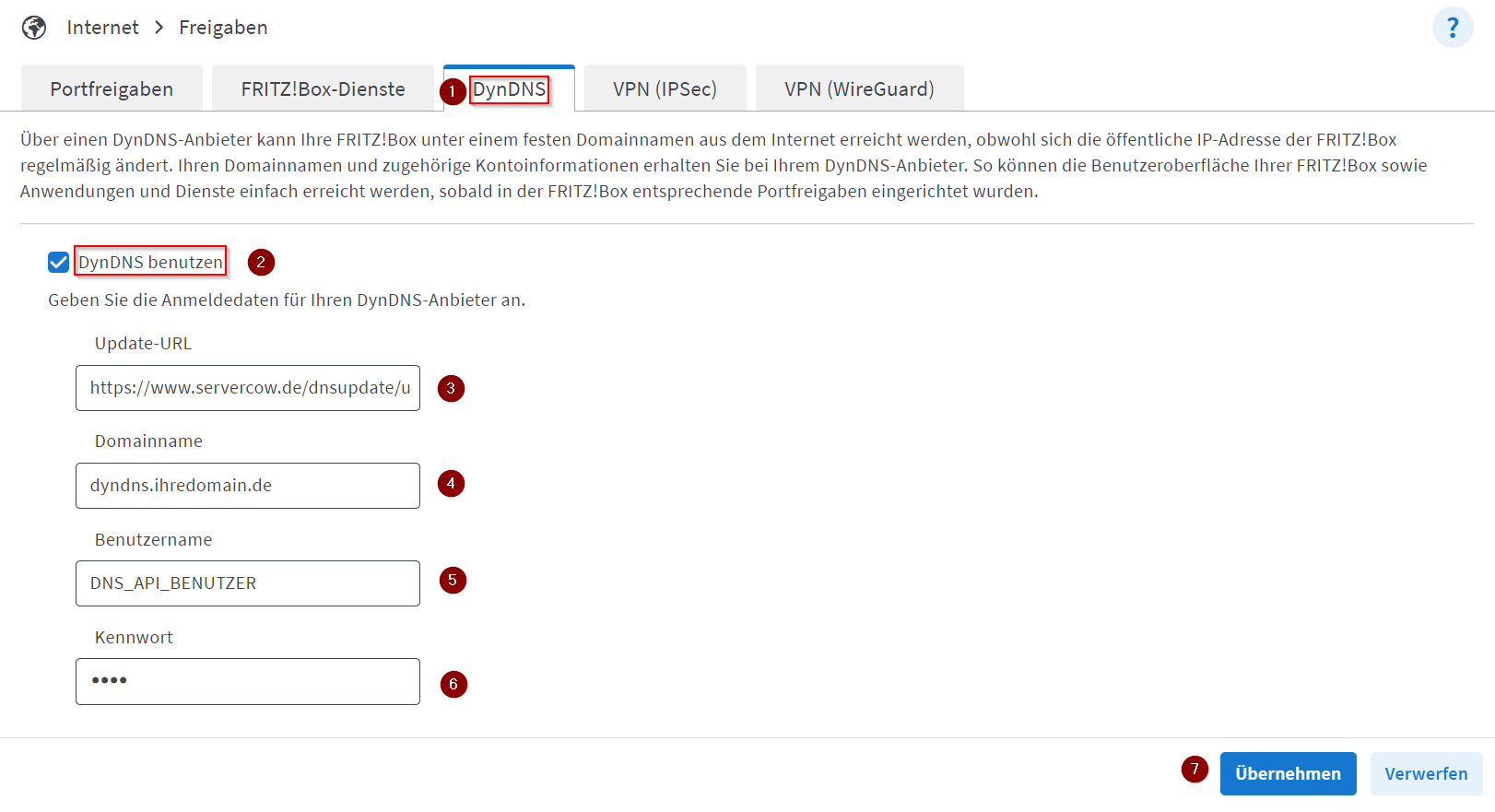 FRITZ!Box Freigaben Seite. Ausgewählter Tab: DynDNS. Haken bei DynDNS benutzen aktiv. Ausgefüllte Formulardaten für die DynDNS Nutzung anhand von Beispieldaten.