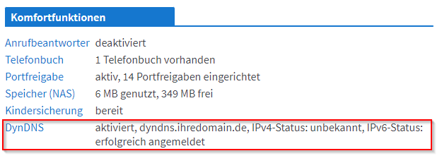 FRITZ!Box Startseite. Information DynDNS: status aktiviert. IPv6 angemeldet