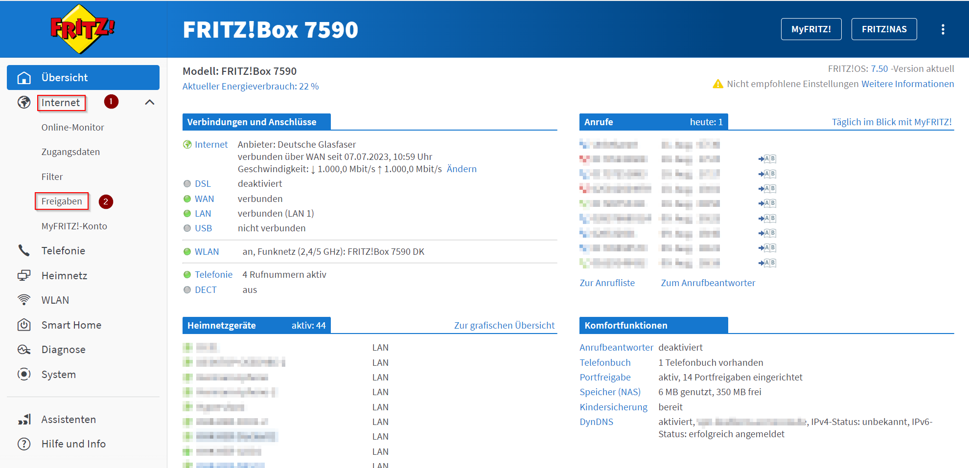 FRITZ!Box Startseite. Dropdown Internet ausgeklappt, Knopf Freigaben markiert