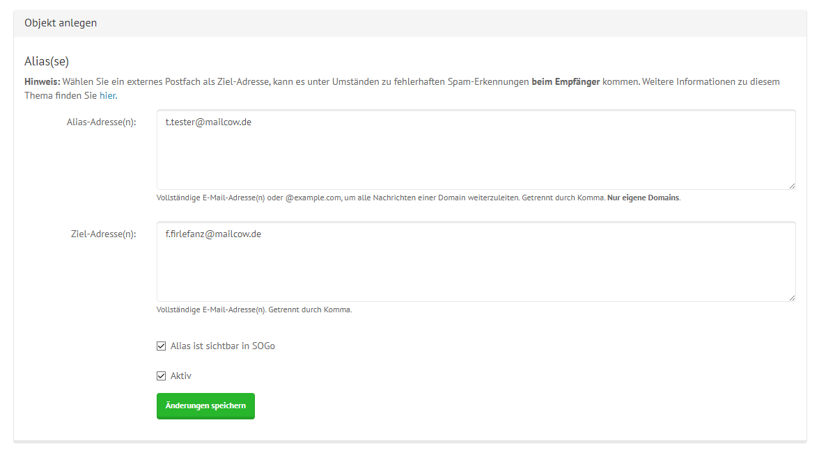 mailcow Groupware Alias Erstellen Fenster mit Beispieldaten ausgefüllt