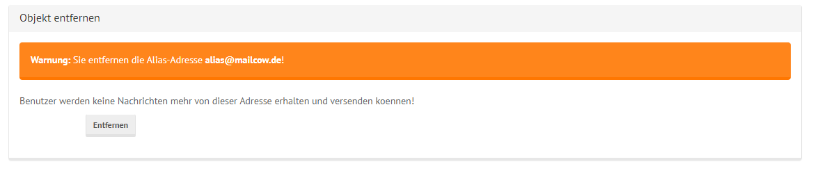 mailcow Groupware Alias Löschen Fenster mit Bestätigungsanfrage zum löschen.
