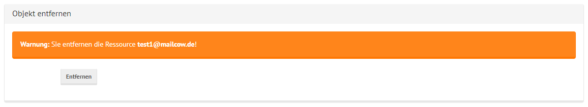 mailcow Groupware Ressource Löschen Fenster mit Bestätigungsanfrage zum löschen.