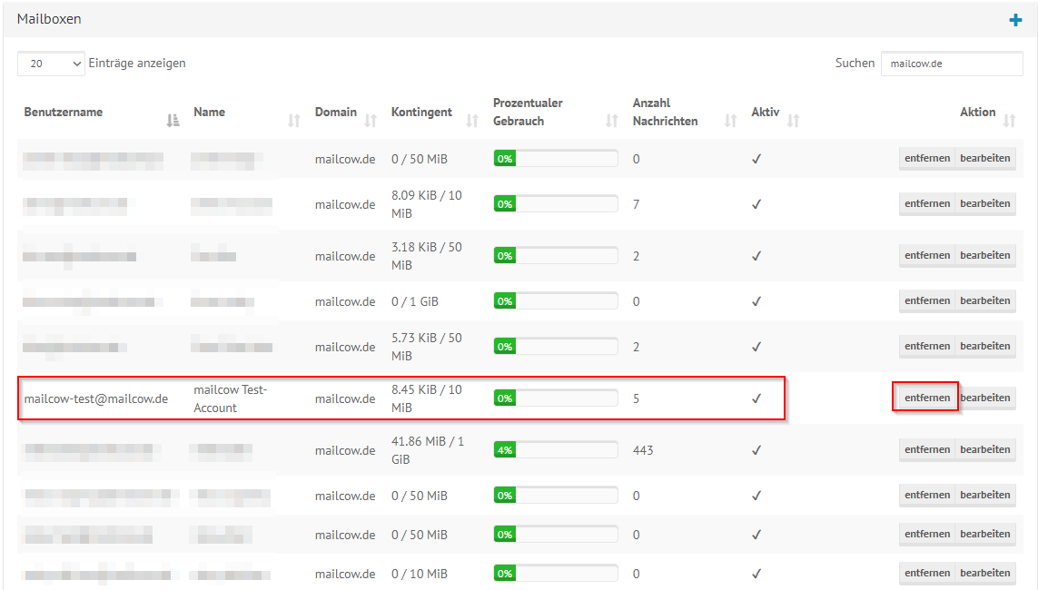 mailcow Groupware Domain-Administratoren Seite, Übersicht der Verfügbaren Mailboxen. Beispiel Mailbox ausgewählt, Markierung auf Entfernen Feld gesetzt