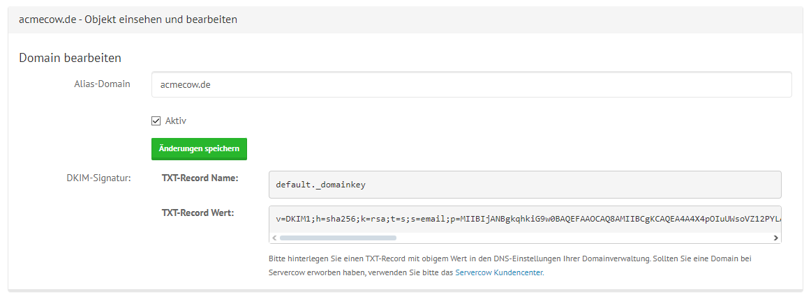 mailcow Groupware Domain-Alias Bearbeiten Fenster mit Beispieldaten ausgefüllt
