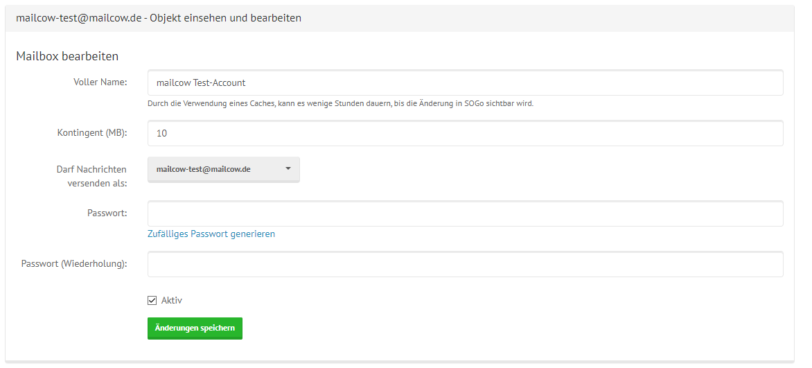 mailcow Groupware Mailbox Bearbeiten Fenster mit Beispieldaten (unverändert)