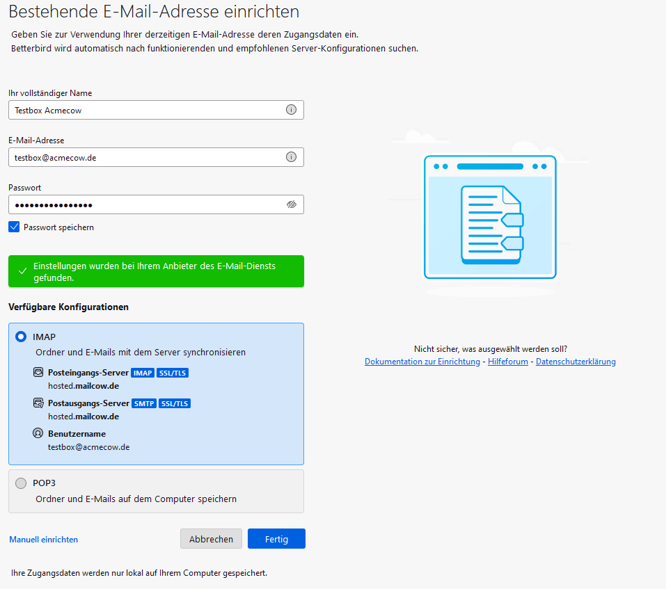 Thunderbird E-Mail Konto hinzufügen Assistent, mit Beispiel Daten ausgefüllt. Durch die korrekte Konfiguration von autoconfig, schlägt Thunderbird in einem Grünen Kasten bereits die richtigen IMAP und SMTP Server vor