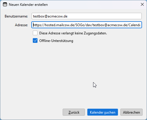 Thunderbird Kalender hinzufügen Assistent. Beispieldaten eingeben