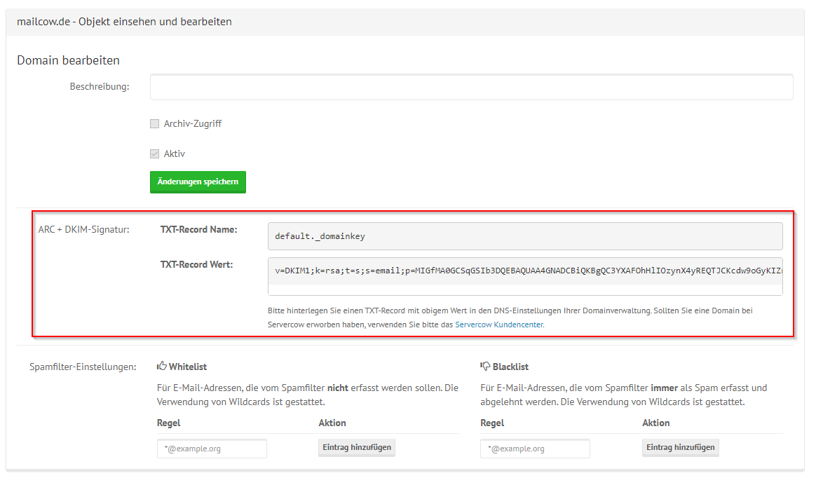 mailcow Groupware Domain Bearbeiten Ansicht. Markierung auf das ARC + DKIM Signatur Feld gelegt