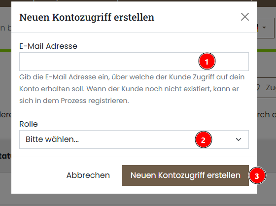 Servercow Kundenportal, Auszug der Kontozugriffe Seite, Formular zum Erstellen eines Kontozugriffs