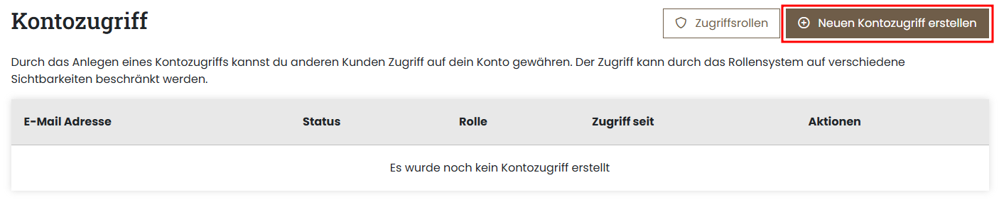 Servercow Kundenportal, Kontozugriffe Seite, Button "Kontozugriff erstellen" markiert