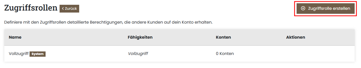 Servercow Kundenportal, Kontozugriffe Seite, Übersicht der Zugriffsrollen, Button "Zugriffsrolle erstellen" markiert