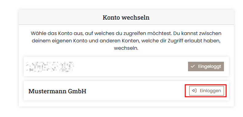 Servercow Kundenportal, Konto wechseln Menü mit Übersicht der verfügbaren Konten
