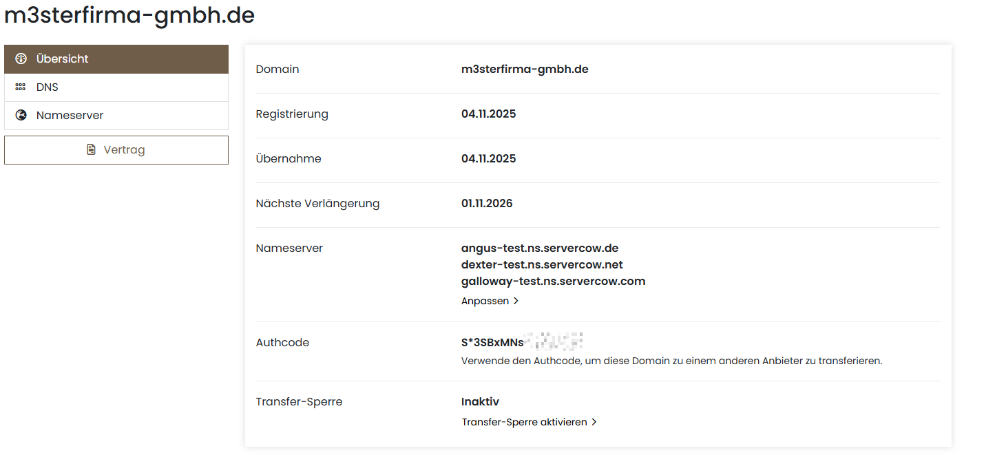 Domain-Detailansicht im Kundenportal mit Markierung auf den Knopf "Authcode generieren"