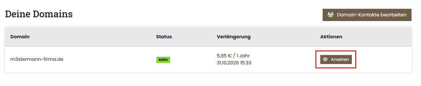 Ansicht der besitzten Domains, Markierung auf "Ansehen"