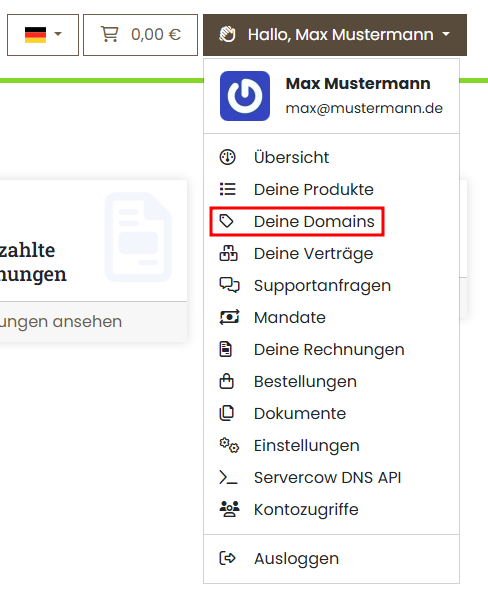 Servercow Kundenportal, Dropdown, auswahl auf "Deine Domains"