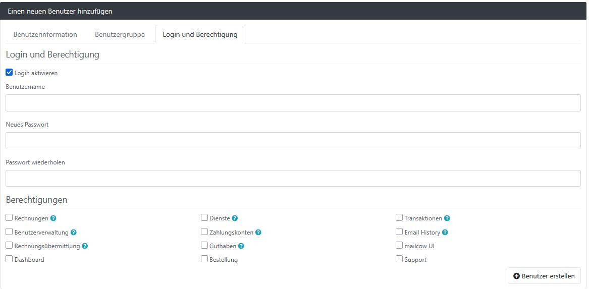 Screenshot der Benutzerverwaltung im Tab ‚Login und Berechtigung‘. Aktiviertes Häkchen bei ‚Login aktivieren‘, Eingabefelder für Benutzername und Passwort. Darunter Checkboxen für verschiedene Berechtigungen. Schaltfläche ‚Benutzer erstellen‘ unten rechts