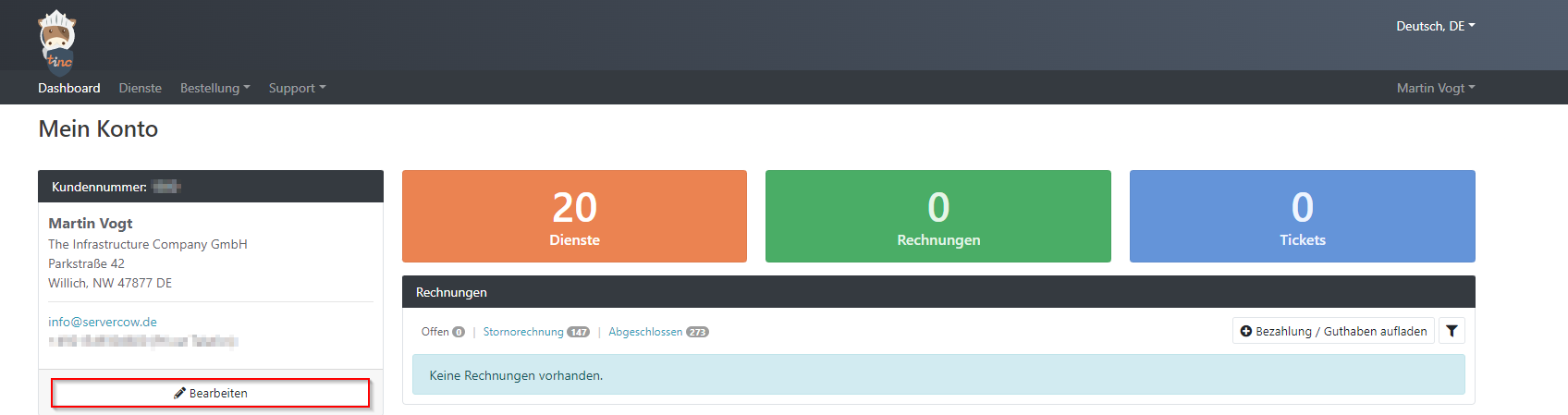 Screenshot des Benutzer-Dashboards ‚Mein Konto‘ mit Kundendaten links und Kacheln für Dienste, Rechnungen und Tickets rechts. Unter Rechnungen der Hinweis ‚Keine Rechnungen vorhanden‘. Links unten Schaltfläche ‚Bearbeiten‘