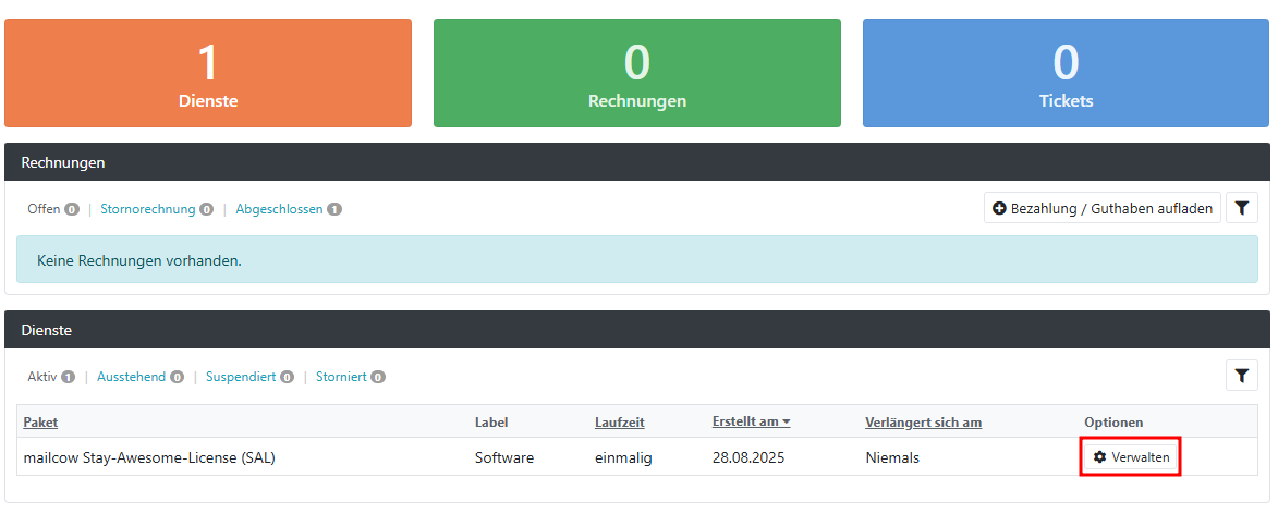 Übersicht der Dienste im Servercow-Kundenportal