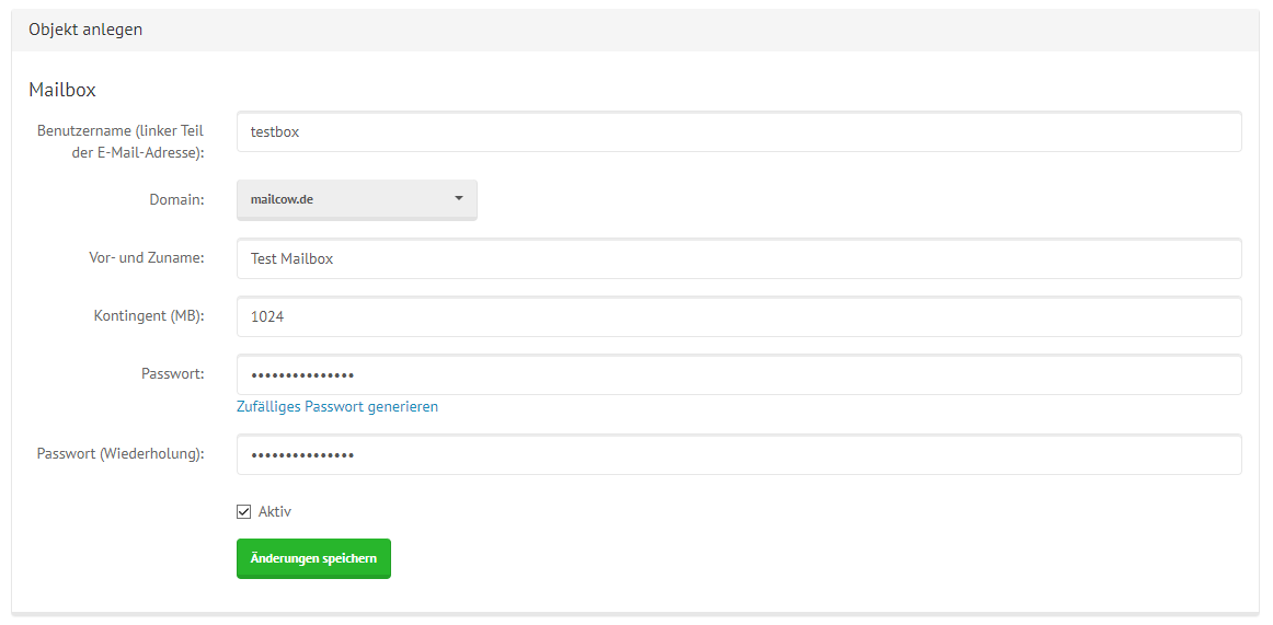 shared mailcow Mailbox Erstellen Fenster mit Beispieldaten ausgefüllt