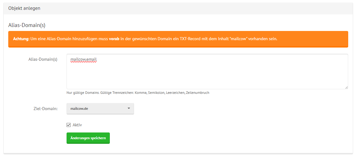 shared mailcow Domain-Alias Erstellen Fenster mit Beispieldaten ausgefüllt