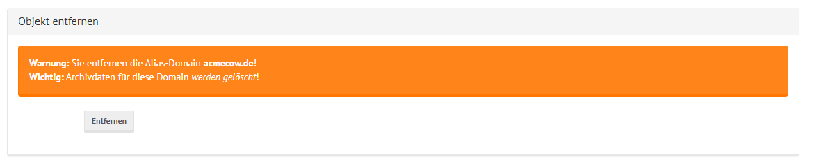 shared mailcow Domain-Alias Löschen Fenster mit Bestätigungsanfrage zum löschen.