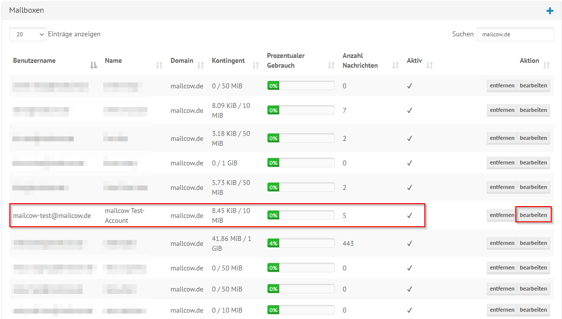 shared mailcow Domain-Administratoren Seite, Übersicht der Verfügbaren Mailboxen. Beispiel Mailbox ausgewählt, Markierung auf Bearbeiten Feld gesetzt
