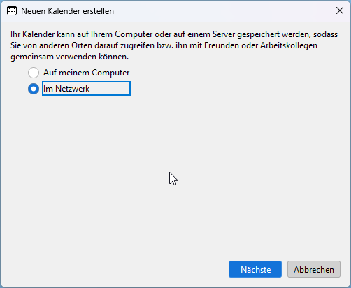 Thunderbird Kalender hinzufügen Assistent. Auswahl liegt auf "Im Netzwerk"