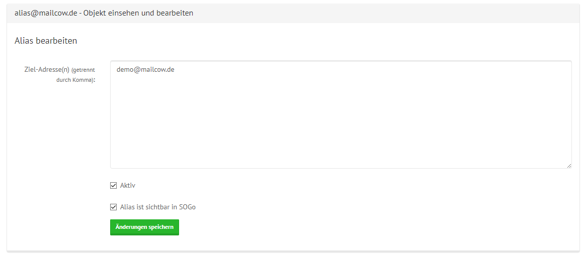 mailcow Groupware Alias Bearbeiten Fenster mit Beispieldaten ausgefüllt