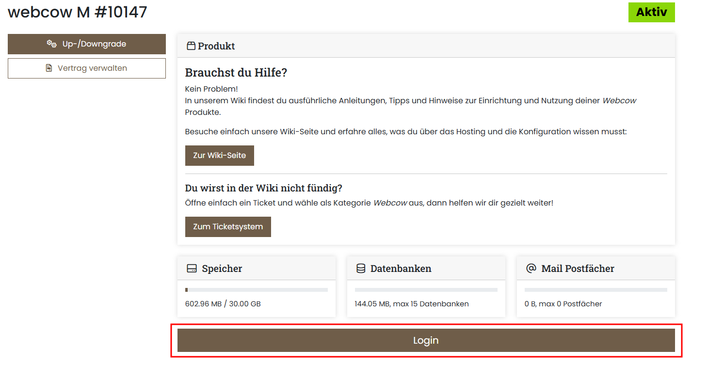 Servercow Kundenportal, Webhosting Paket Seite, Button "Login" markiert