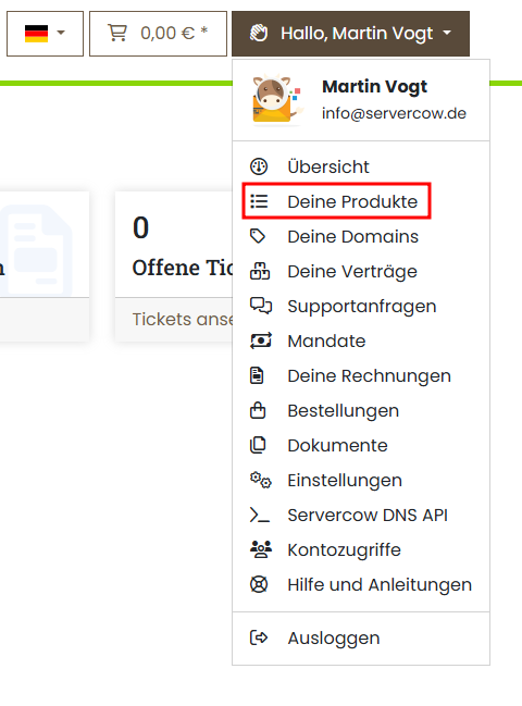 Servercow Kundenportal, Dropdown, Auswahl auf "Deine Produkte"