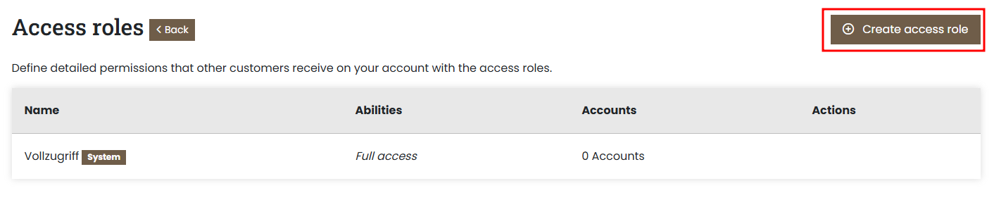 Servercow customer portal, User Management page, overview of access roles, "Create Access Role" button highlighted