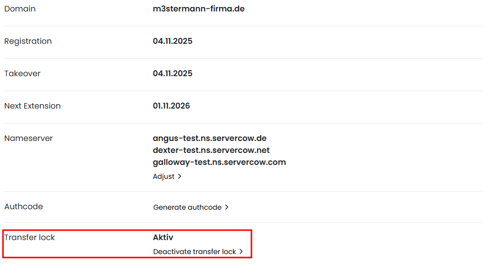 Domain detail view in the customer portal with the transfer lock highlighted