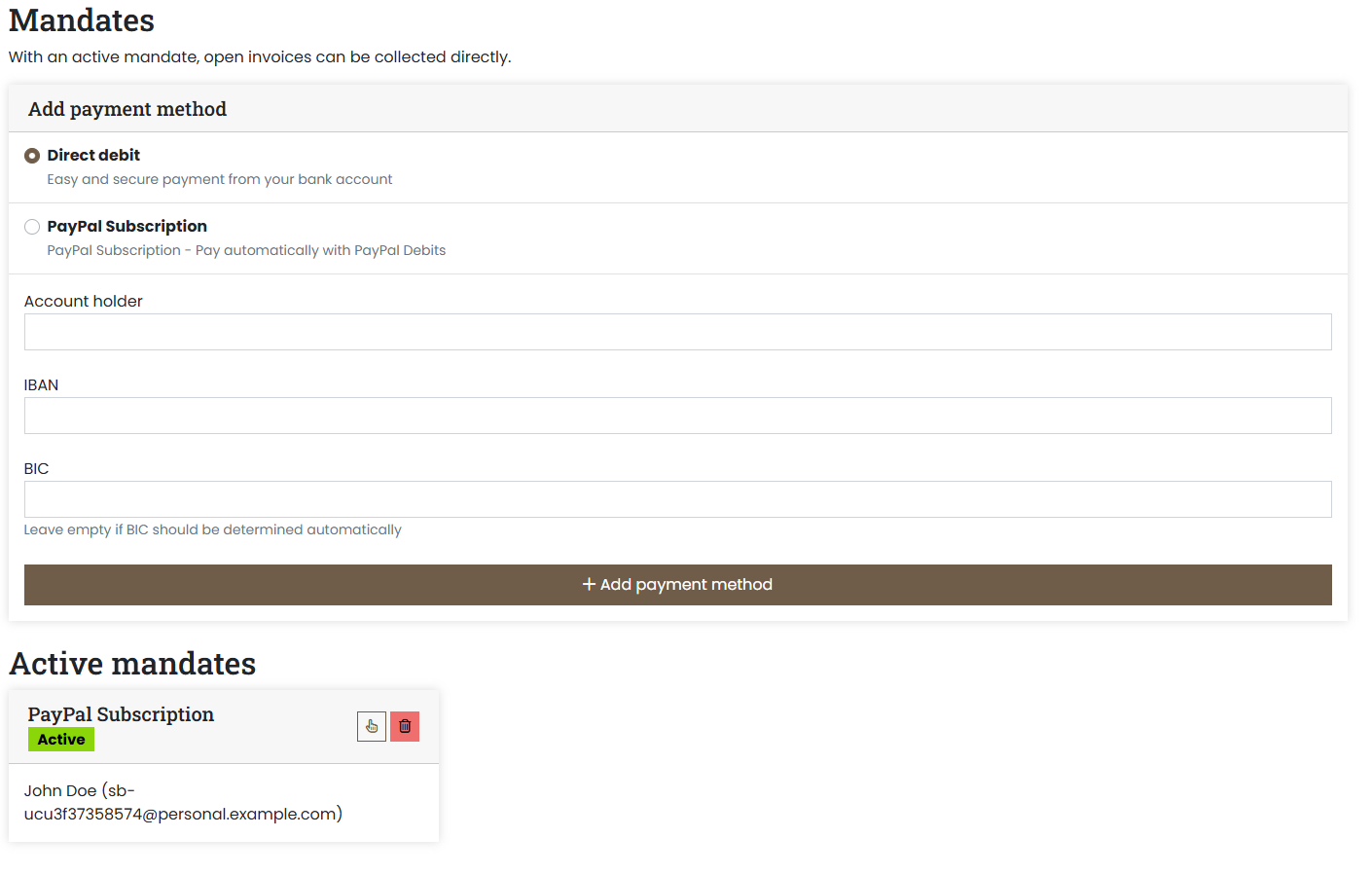 Overview of mandates in the customer portal