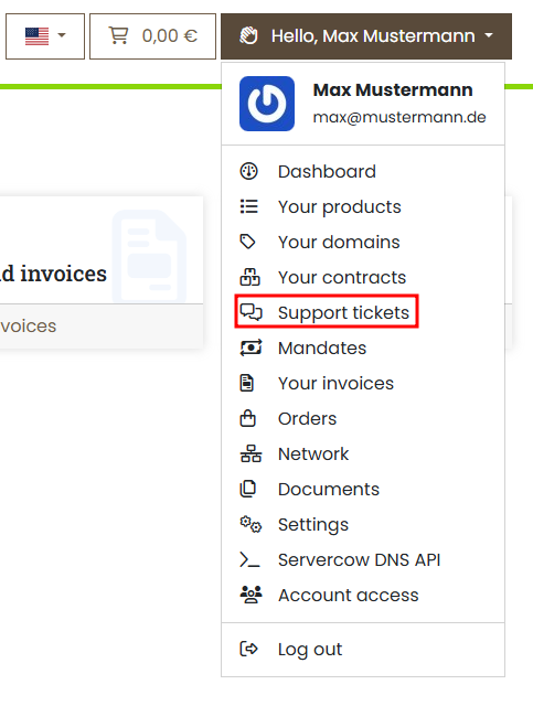 Servercow customer portal, marker set on "Open ticket"