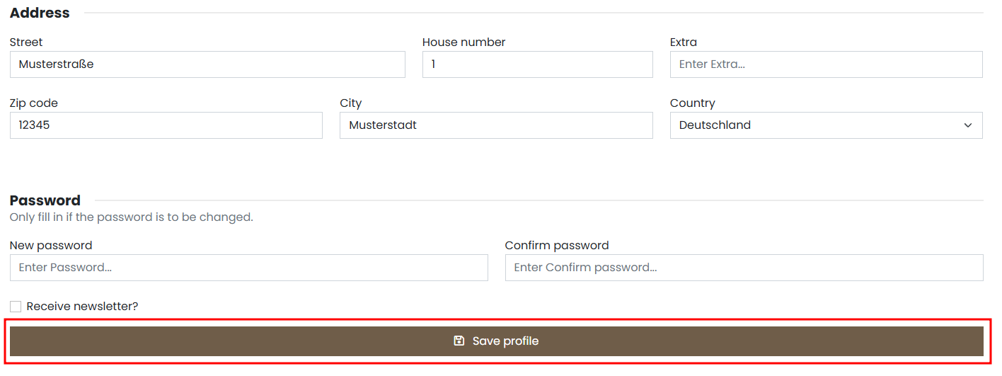 Screenshot of account settings in the customer portal. 'Save profile' button