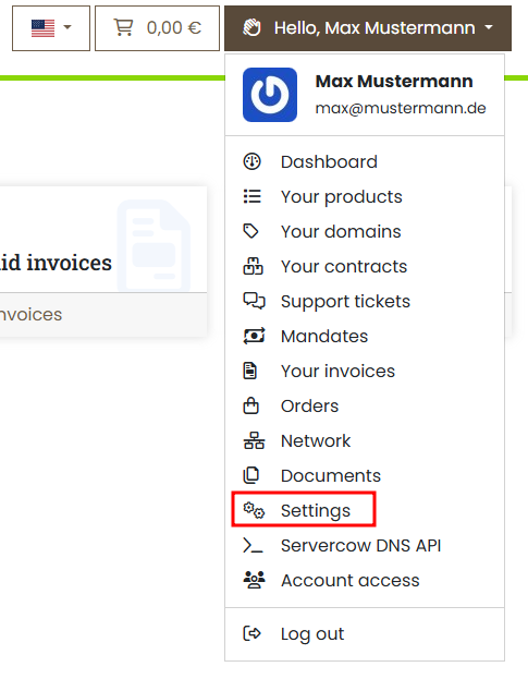 Servercow customer portal, dropdown, selection on "Settings"