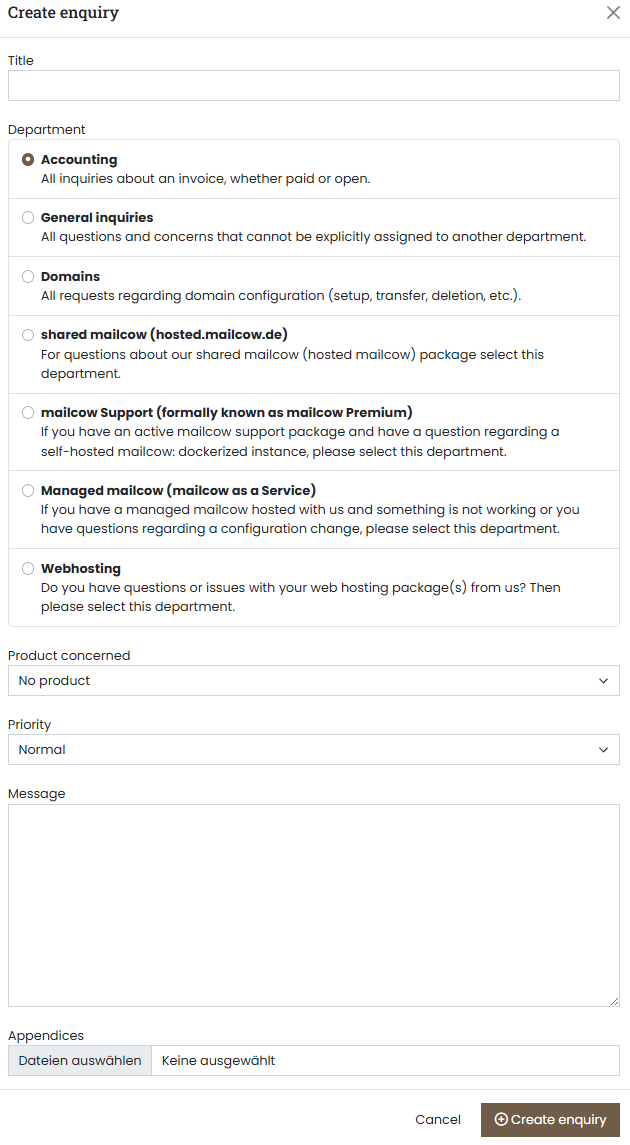 Servercow customer portal, ticket composition page