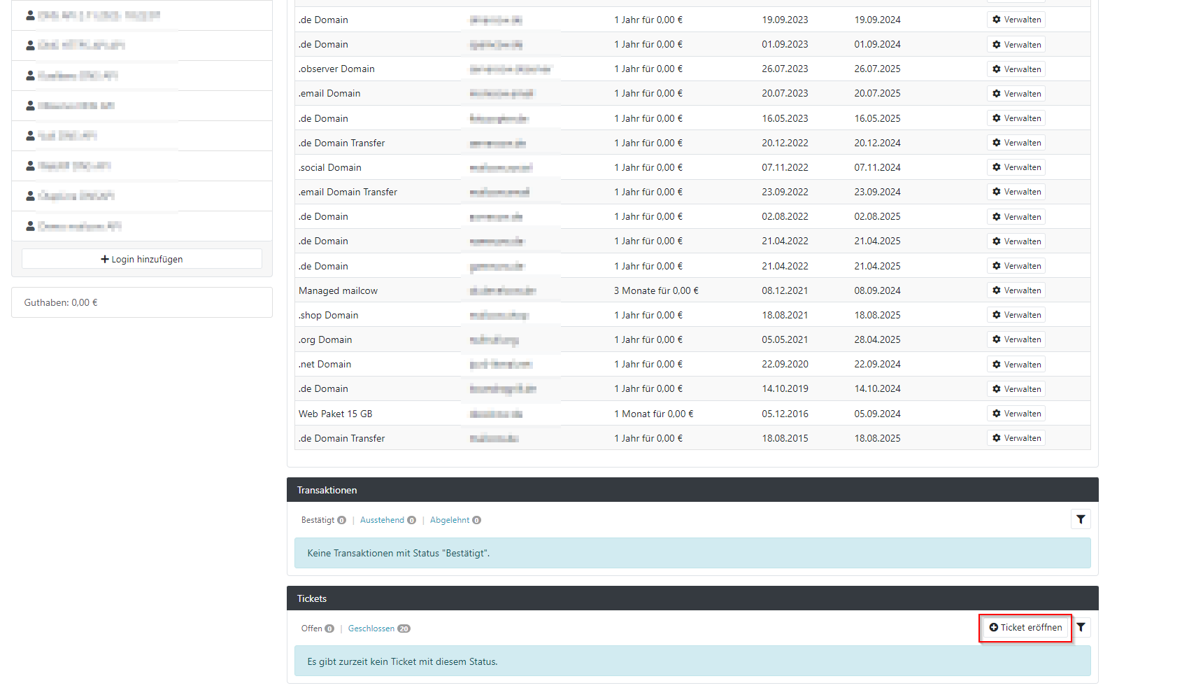 Servercow customer portal, highlighting the Open Ticket button