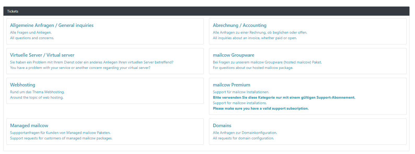 Servercow customer portal, overview of ticket topics