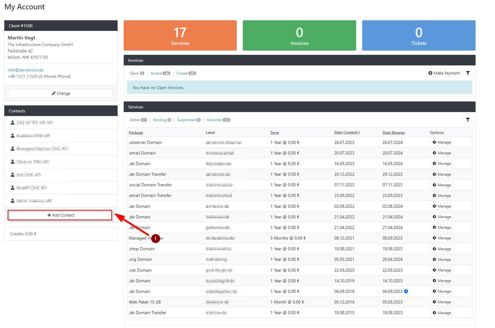 Image of the customer portal, arrow points to box with text "Add Contact".