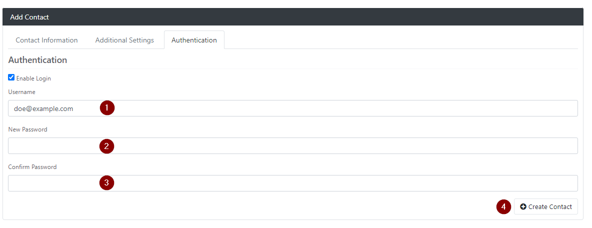 Image of user creation, selected tab is authentication. Form with username and password. Button with create contact bottom right