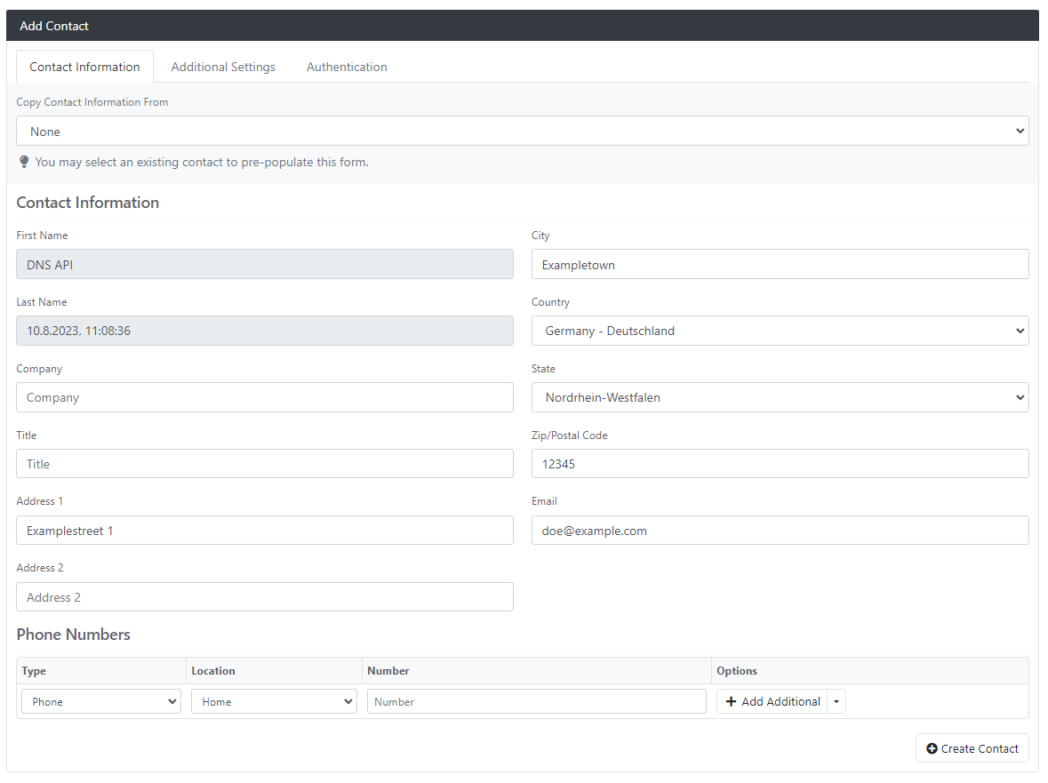 Image of user creation, selected tab is contact information. Filled form data (such as name, address, e-mail, etc.) with sample data.