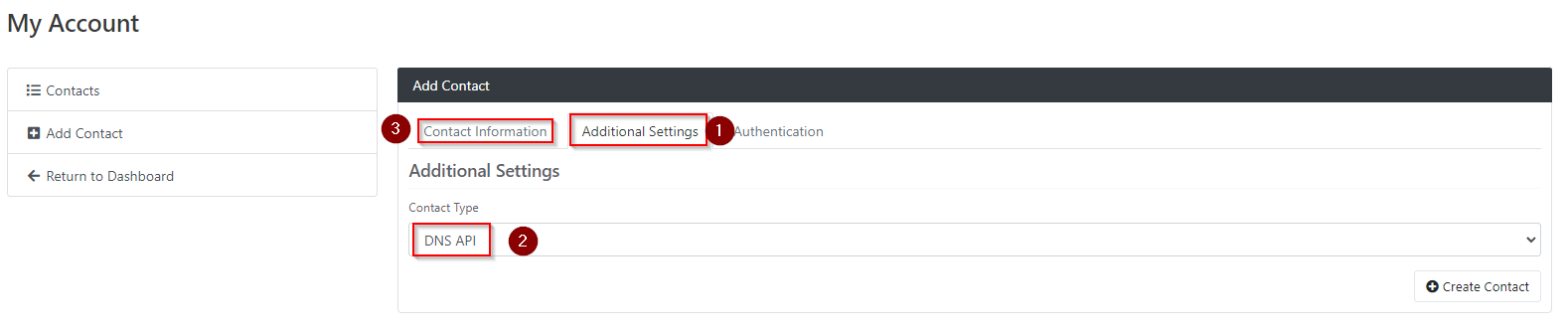 User creation screen, selected tab is additional settings. In the dropdown contact type is DNS API selected