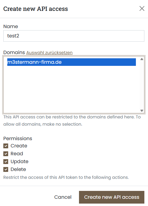 Form to create a new DNS API access in the customer portal