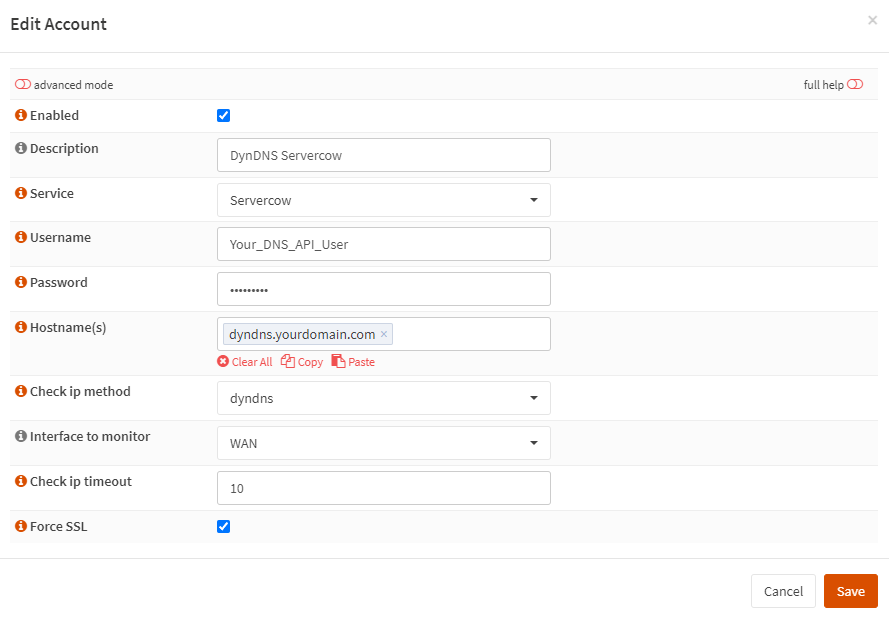 OPNsense DynDNS Menü. Accounts settings filled with sample data