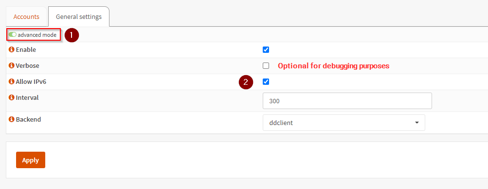 OPNsense DynDNS Menu. General settings